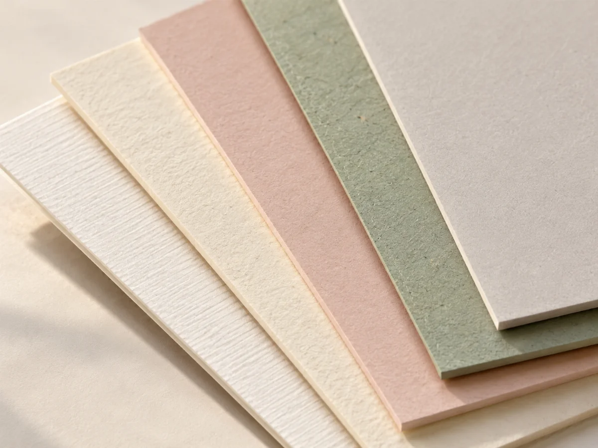 Illustrative close-up of layered ivory, blush and sage paper samples showing fibres, texture and cut edges