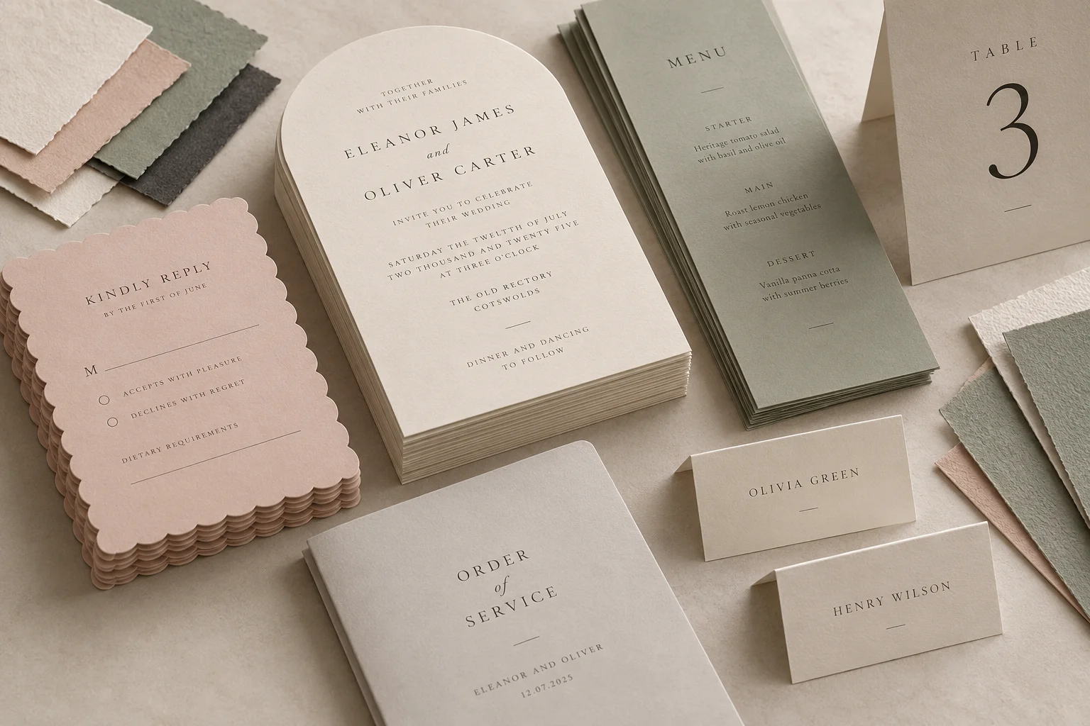 Illustrative arrangement of arch-cut invitations, scalloped cards, sage menus and textured paper samples
